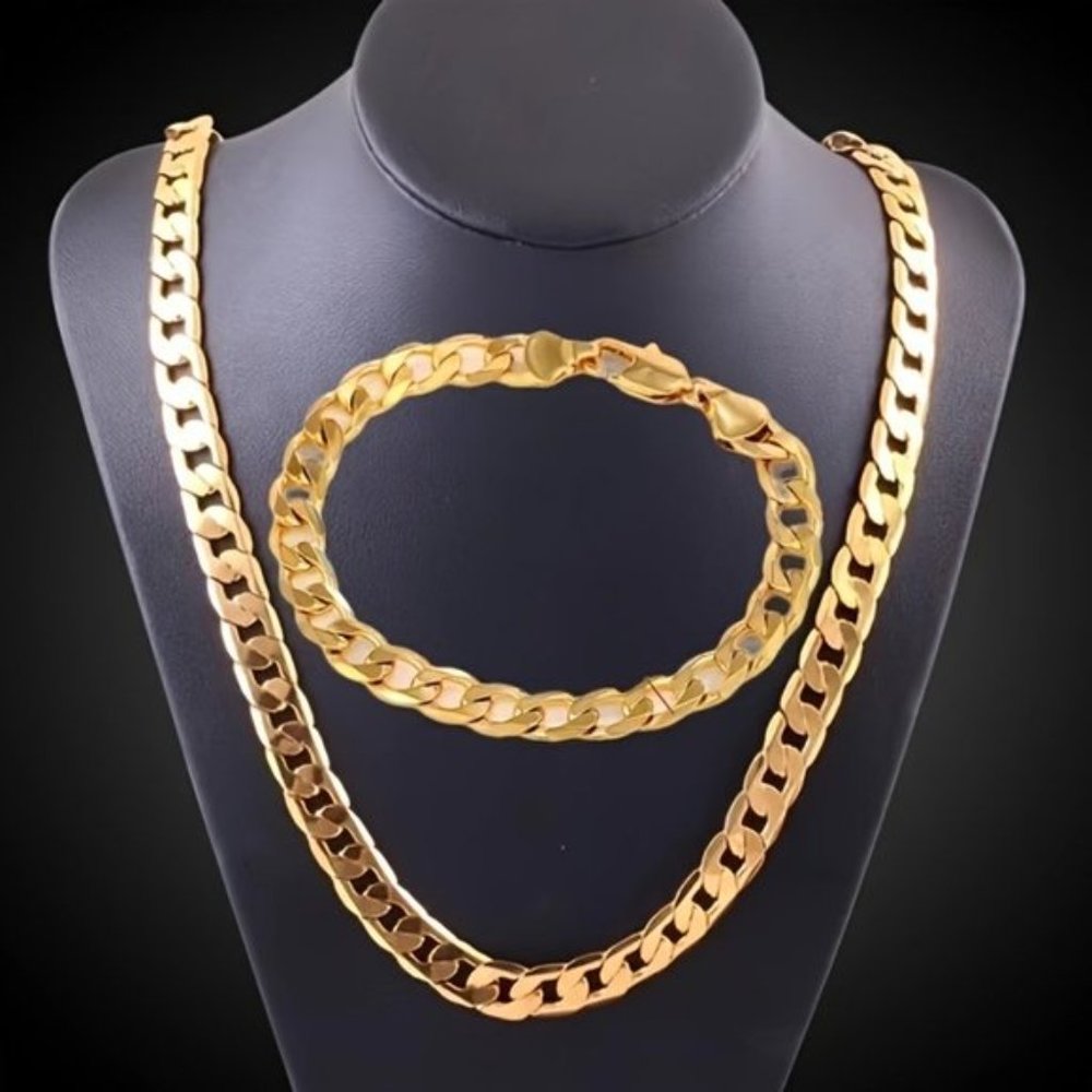 2pcs 18k Golden Plated Cuban Chain - Stylish Fusion of Bracelet and Necklace - Picture 8 of 8